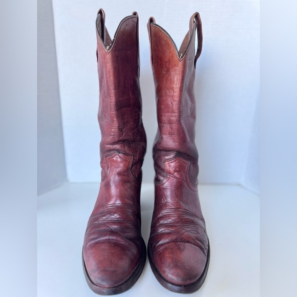 Vintage FRYE Brown Red Leather Western Cowboy Pull on Boots Size 10 - Picture 3 of 12